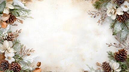 A winter-themed floral frame with frosted pinecones and white flowers, leaving the center blank for seasonal text.