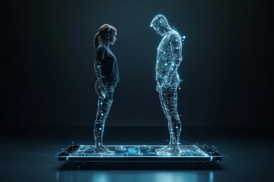 A woman stands face to face with a digital hologram man embodying technology and virtual reality concepts in a futuristic, immersive environment.