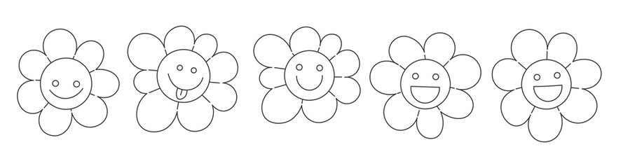 Set of simple flowers with faces in doodle groovy style in vector on white background. Element for stickers icons decoration postcards poster print background backdrop wrapping wallpaper banner