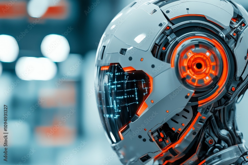 Poster a futuristic robotic head with a glowing digital interface, representing advanced robotics and the i