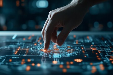 Naklejka premium A fingertip interacts with a futuristic circular digital interface, illustrating the seamless interaction between human touch and advanced technology systems.