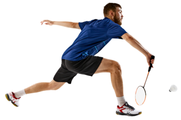 Badminton player lunges forward, perfectly timing his strike, against transparent background, shows intense concentration and athletic prowess. Concept of sport events, athleticism, focus. AD