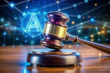 Close-up of a Wooden Gavel on Block with Pulsating Glowing A Symbol Above, Representing Legal Technology and AI Innovation in Macro Photography