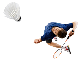 Determined badminton player reaches high for shuttlecock, his racket poised to strike against transparent background. Concept of professional sort, game, match, goal, win. Aerial view.