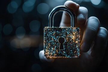 A close-up of a hand holding a lock encrusted with digital glitters, symbolizing security in the digital age with an emphasis on cyber protection and technology.