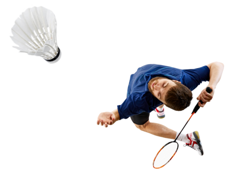 Determined badminton player reaches high for shuttlecock, his racket poised to strike against transparent background. Concept of professional sort, game, match, goal, win. Aerial view.