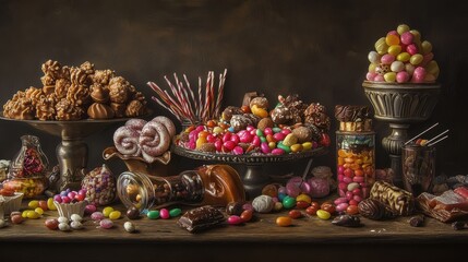 Fototapeta premium A vibrant array of candies and sweets is showcased on a rustic wooden table. The setup features various bowls filled with chocolates, gummies, and dried fruits, creating a tempting treat for visitors.