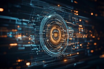 A visually striking digital interface features a circular HUD design with glowing elements and lines, epitomizing futuristic technology and complex data systems.