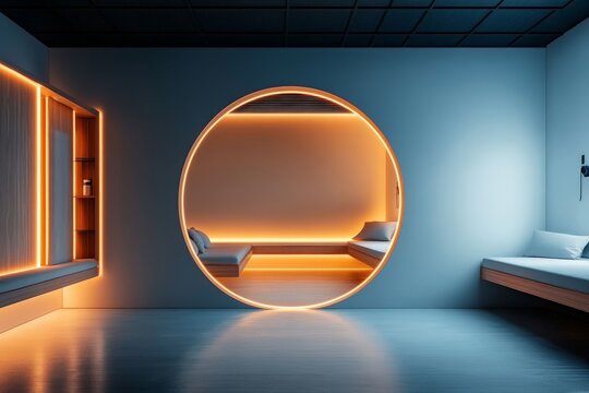 A sleek, modern room with moody lighting showcases a circular illuminated portal on the wall, evoking a sense of futuristic design and advanced architecture.