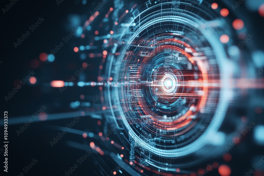 Poster a digital tunnel with complex, glowing circuitry patterns, representing advanced technology and conn