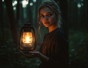 Lantern Girl in Woods