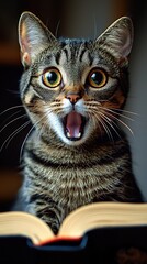 A surprised cat with wide eyes and an open mouth sits in front of a book, capturing a humorous and curious moment.