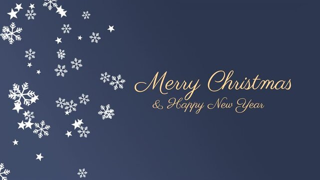 Modern Christmas and happy New Year card with various white snowflakes and golden shiny text on the  blue gradient background. Animated greeting card with winter seasonal symbols.