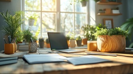 Fototapeta premium A bright, plant-filled workspace with a laptop and notebooks, promoting productivity and creativity.