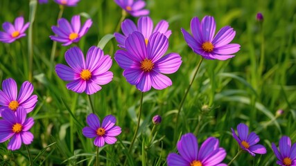 Fototapeta premium Cosmos flowers blooming in a vibrant purple hue amidst lush green grass, wildflowers, nature scene, farm landscape