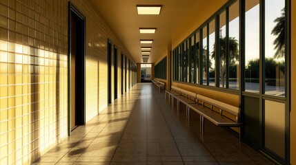Serene school corridor at sunset modern architecture calm atmosphere