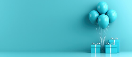 Celebratory event with floating blue balloons and neatly wrapped gift boxes indoor setting digital artwork calm environment creative viewpoint joyful concept for parties and gatherings