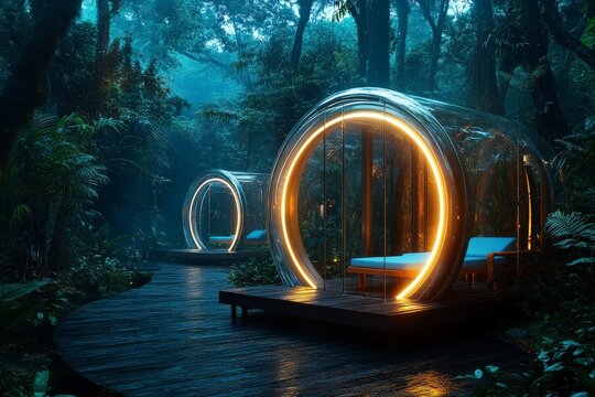 Futuristic translucent pods nestled in a vividly illuminated forest environment, featuring innovative design and serene escape in nature utilizing modern architecture. - Powered by Adobe