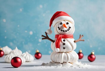 Fototapeta premium A cute meringue snowman wearing a Santa hat on a festive background