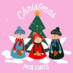 Children angel congratulations Merry Christmas. Cute Christmas child characters. Vector little carolers. Christmas decorated tree. Winter holiday. Orthodox Christmas elements