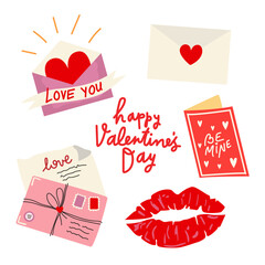 Love mail, love messages and letters. Valentine’s day elements vector retro set. Valentine's day, wedding and love concept. Perfect for stickers and greeting cards