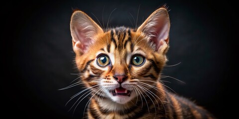 Closeup Portrait of an Adorable Bengal Kitten Meowing in Profile View Against a Black Background, Capturing the Playful Essence of This Unique Breed