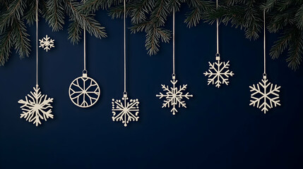 White Wooden Snowflake Ornaments Hanging from Pine Branches on a Navy Blue Background