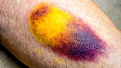 Fototapeta premium Close-Up Product Photography of a Bruise on a Leg, Highlighting Skin Texture and Color Variation for Medical and Educational Purposes