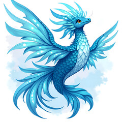 Majestic celestial creature with radiant blue feathers in a dreamlike sky, digital art of fantasy creature concept.