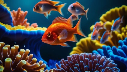 Fototapeta premium Vibrant Reef Fish Swim Amongst Colorful Coral