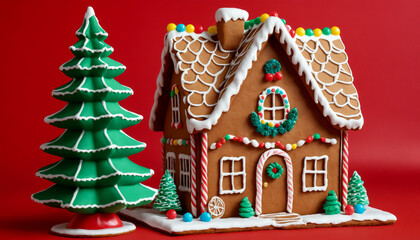 Decorated Christmas gingerbread house with a big tree on red background
