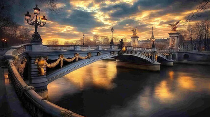 Fototapeta premium The Alexandre III Bridge in Paris looks stunning at sunset.