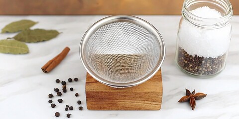 Fine Mesh Strainer Spices Herbs Cooking Kitchen Tool Wood Block