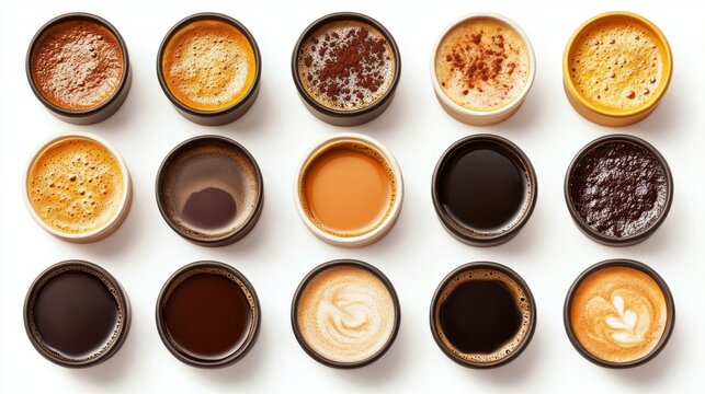 Set of Takeaway Coffee Cups, Various Types of Black Coffee and Latte, Top View, Isolated on White.