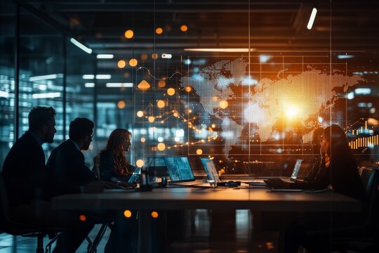 A group of professionals engage in a meeting in a modern office space, with glowing data screens and a world map overlay representing global connectivity.