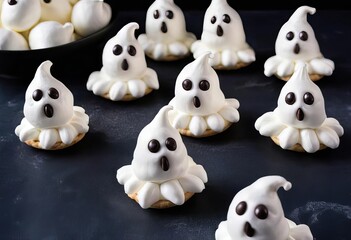 A plate of meringue ghost treats with chocolate chips for eyes and mouth, decorated for Halloween.