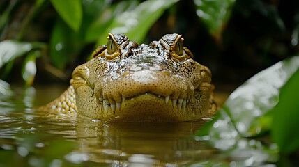 Fototapeta premium A Close-Up View of a Crocodile's Face, Partially Submerged in Water with Green Foliage in the Background, Showing Sharp Teeth and a Powerful Jaw