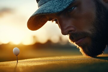 A golfer intensely focuses on lining up a putt, illustrating the precision, concentration, and determination required in the strategic game of golf.