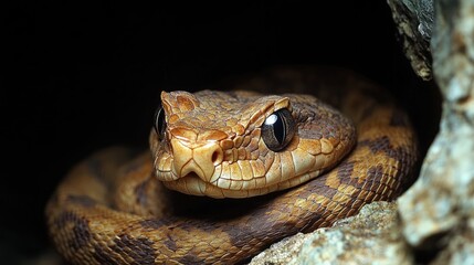 A close-up of a coiled snake with intricate patterns and textures, showcasing its natural beauty.
