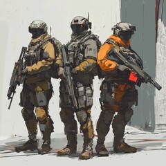 Three futuristic soldiers stand armed and ready.