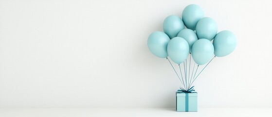 Stylish birthday celebration setup featuring metallic blue balloons and gift box modern indoor space minimalist design inviting atmosphere joyful occasion