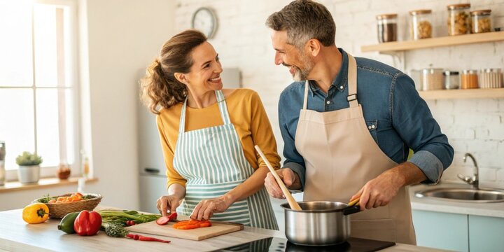 Cheerful mature couple wearing aprons, smiling and preparing healthy meal together in modern kitchen, woman slicing vegetables while man stirring in pot