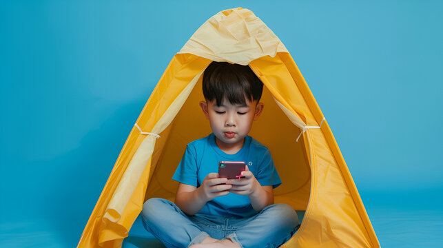 Photo of cute bpy little gamer using smart phone
