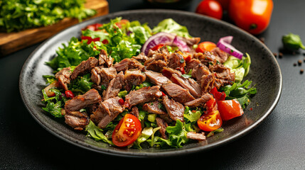 Fototapeta premium This is a dish with döner meat and salad, served on a plate.