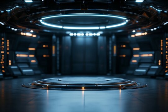 A sleek sci-fi room illuminated by a circular light structure, offering a glimpse into advanced design and the aesthetic of futuristic interior environments.