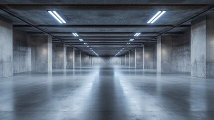 futuristic Modern Sci Fi Concrete Hallway Corridor Tunnel Warehouse Underground Garage Grunge Dark Empty Reflection Showcase Stage White Blue Glow Spaceship 3D Rendering.