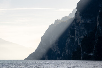 Riva del Garda, Italy - November 7, 2024: View of Lake Garda and mountains.