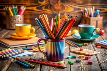 Colorful Cup Filled with Pencils on a Wooden Table Surrounded by Art Supplies, Perfect for Creative Inspiration and Stationery Photography