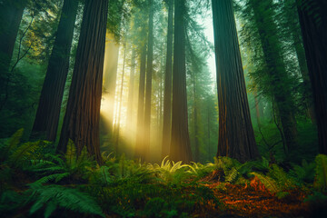 Obraz premium Vibrant Redwood Forest with Sunlight Streaming Through Tall Trees and Ferns.