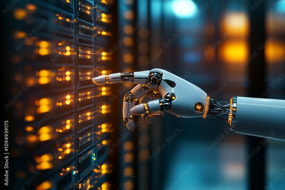 Poster a robotic hand reaches for a glowing panel in a data center, highlighting the integration of robotic